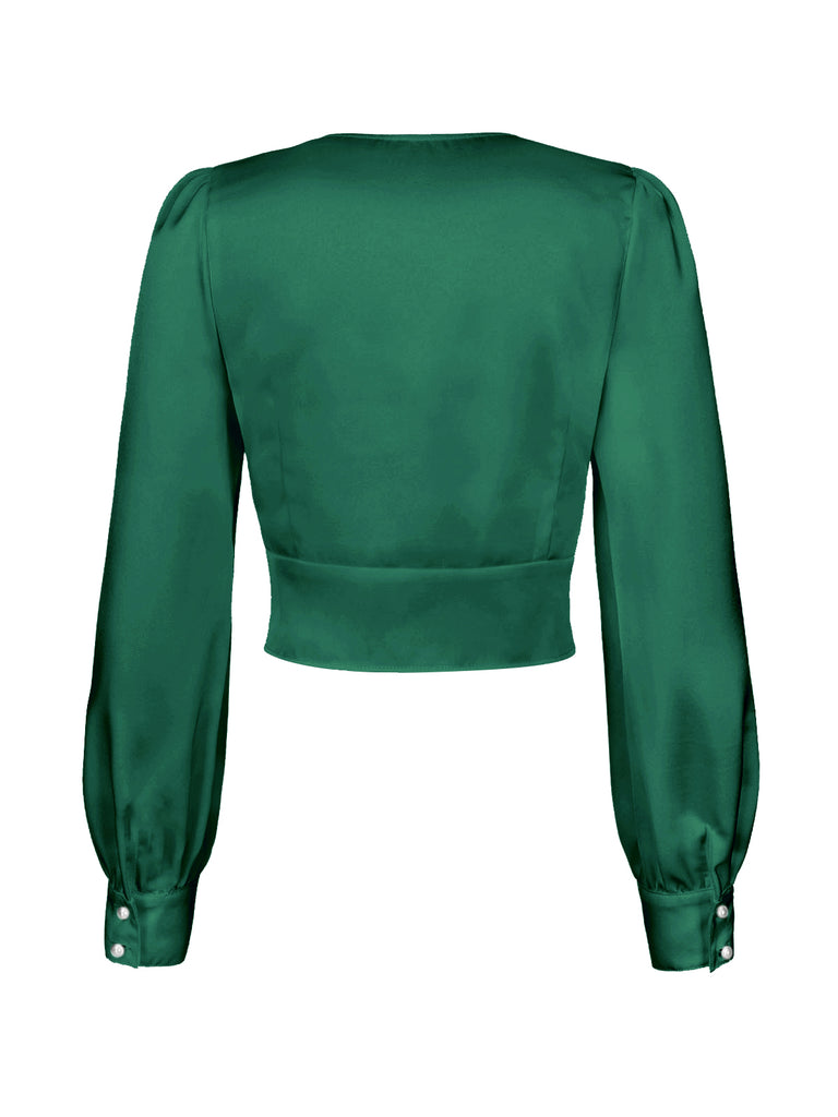 [Pre-Sale] Green 1940s Satin V-Neck Lantern Sleeves Blouse