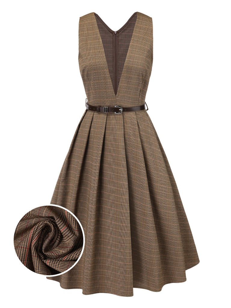 [Pre-Sale] Brown 1940s Deep V-Neck Glen Plaid Dress