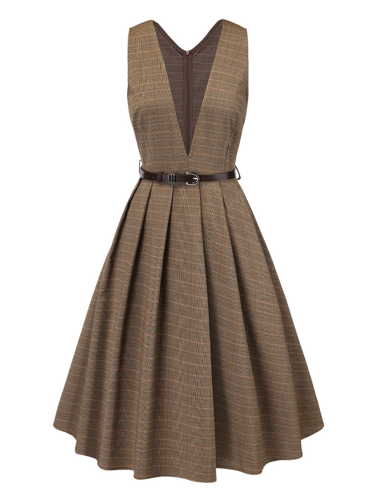 [Pre-Sale] 2PCS Brown 1940s V-Neck Plaid Dress & Satin Blouse