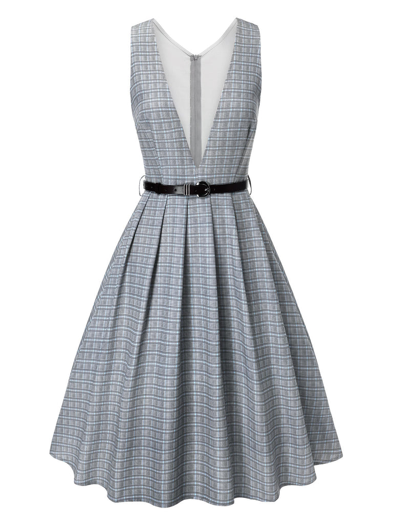 [Pre-Sale] Light Grey 1940s Deep V-Neck Glen Plaid Dress