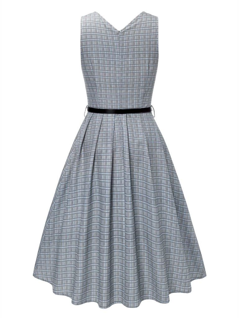 Grey 1940s Deep V-Neck Glen Plaid Dress