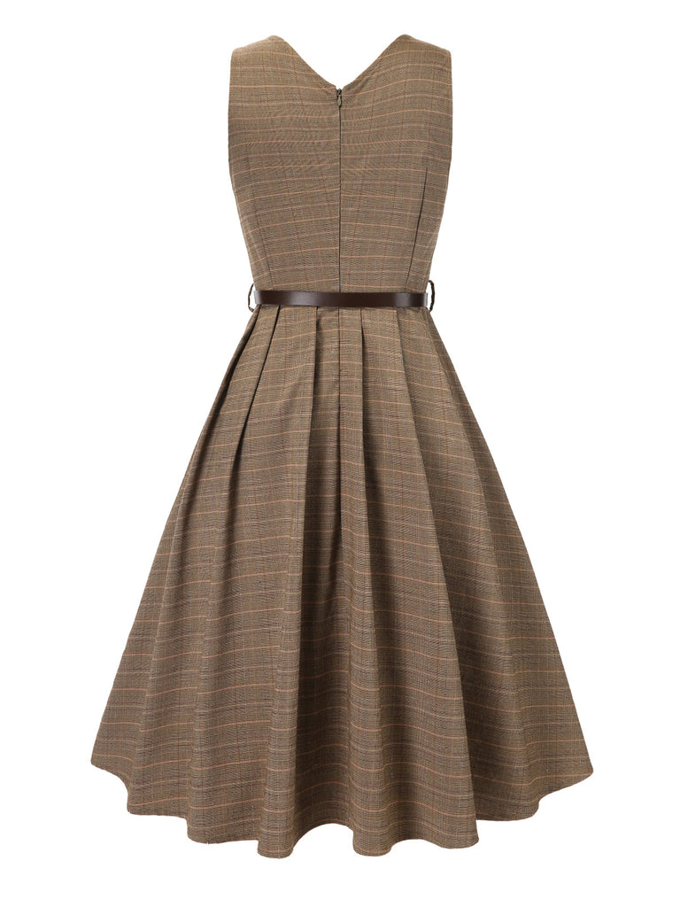 [Pre-Sale] 2PCS Brown 1940s V-Neck Plaid Dress & Satin Blouse