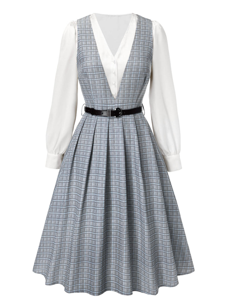 [Pre-Sale] 2PCS Light Grey 1940s V-Neck Plaid Dress & Satin Blouse