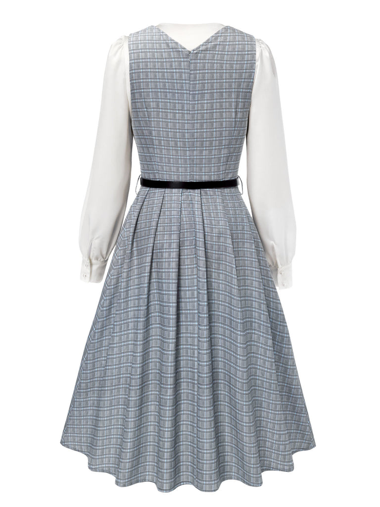 [Pre-Sale] 2PCS Light Grey 1940s V-Neck Plaid Dress & Satin Blouse