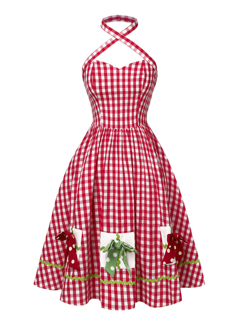 [Pre-Sale] Red 1950s Halter Sweetheart Neck Plaids Bow Dress