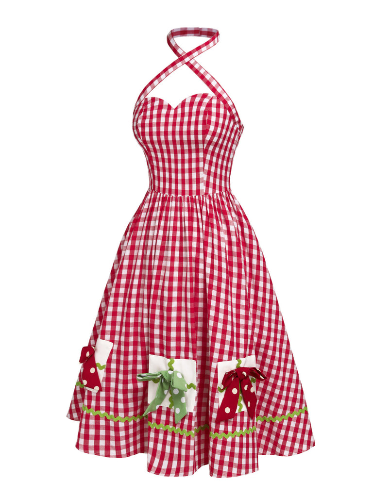 [Pre-Sale] Red 1950s Halter Sweetheart Neck Plaids Bow Dress