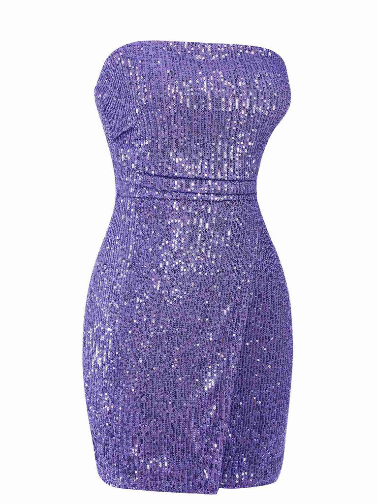 Purple 1970s Solid Sequined Skinny Dress