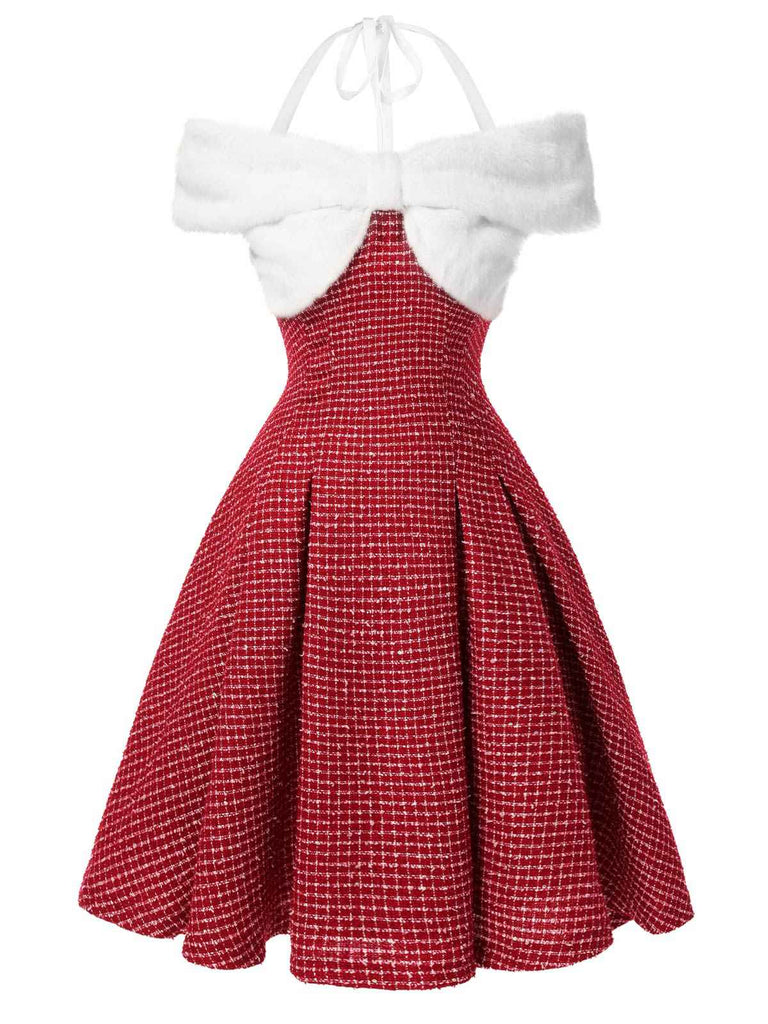 [Pre-Sale] Red 1950s Christmas Off Shoulder Plaid Furry Dress