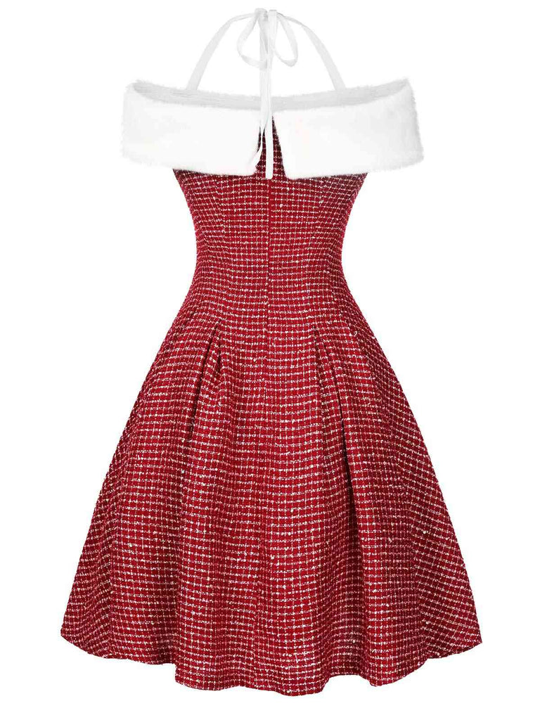 [Pre-Sale] Red 1950s Christmas Off Shoulder Plaid Furry Dress