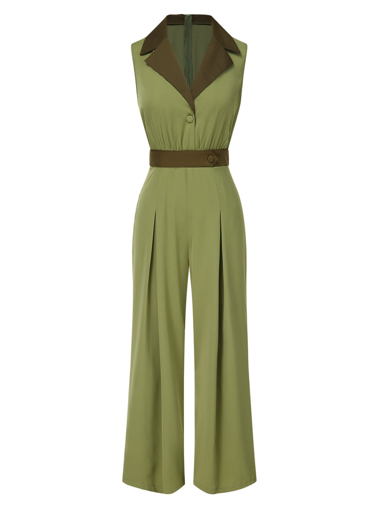 [Pre-Sale] Green 1940s Contrast Lapel Patchwork Jumpsuit