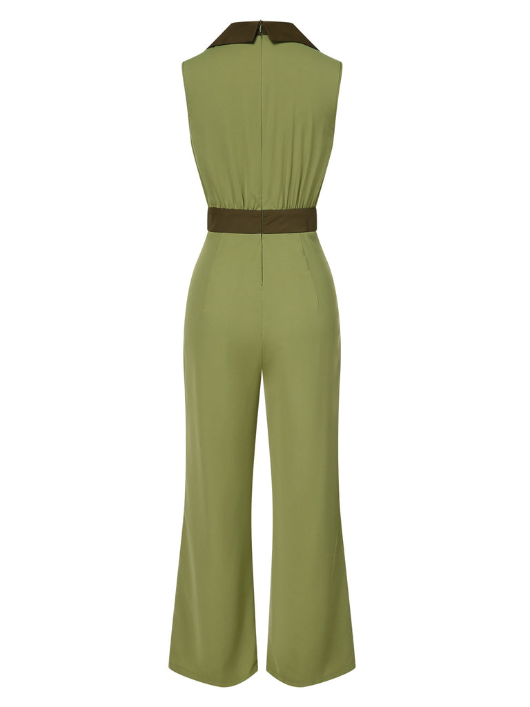 [Pre-Sale] Green 1940s Contrast Lapel Patchwork Jumpsuit