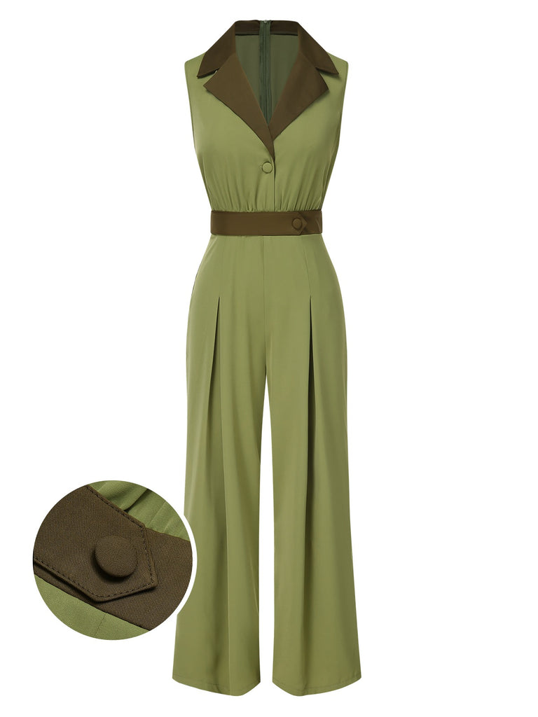 [Pre-Sale] Green 1940s Contrast Lapel Patchwork Jumpsuit