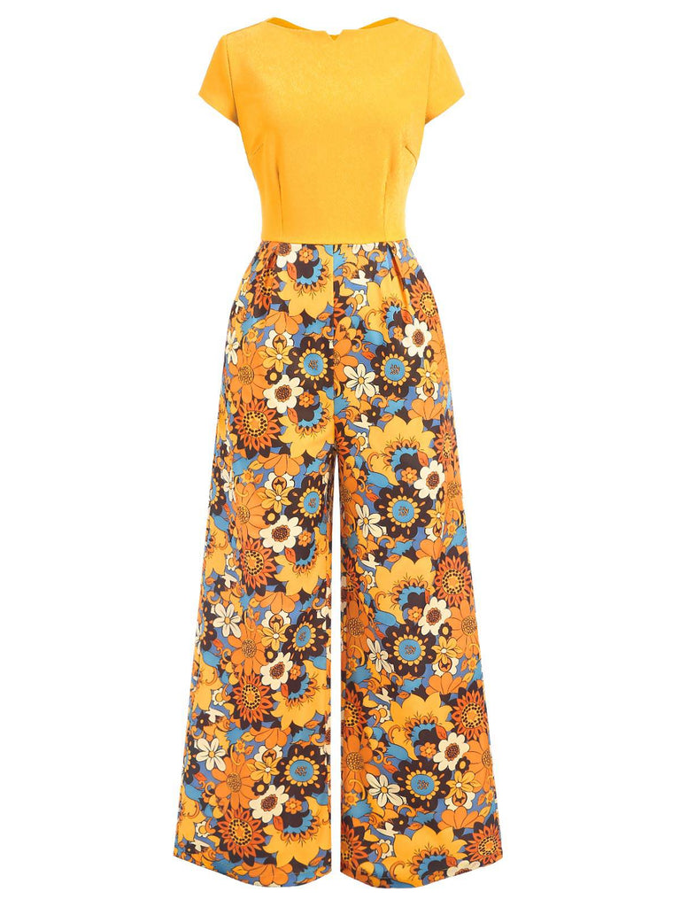 [Pre-Sale] Yellow 1960s Floral Patchwork Back Hollow Jumpsuit