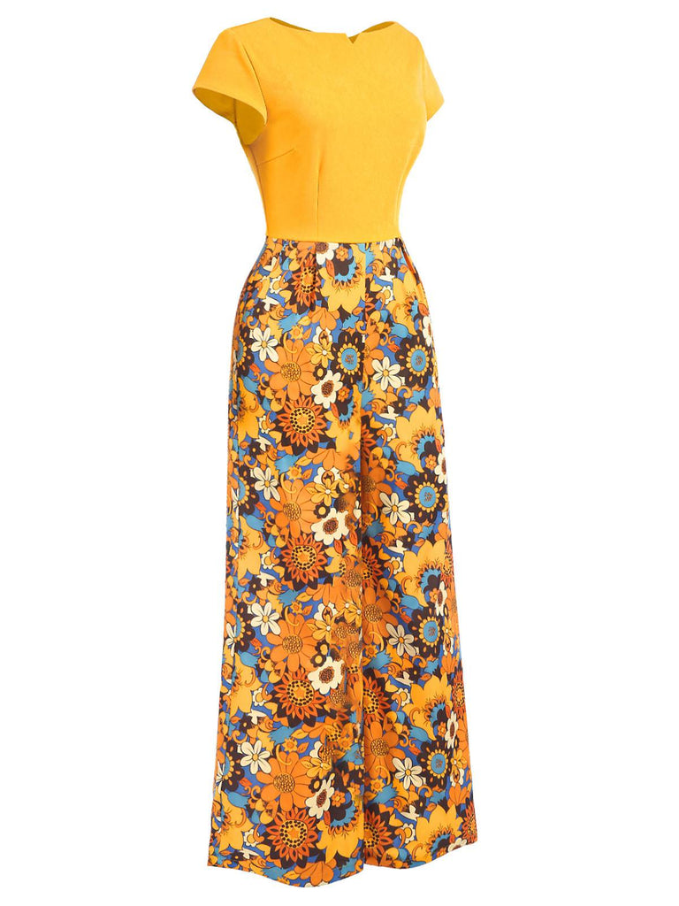 [Pre-Sale] Yellow 1960s Floral Patchwork Back Hollow Jumpsuit