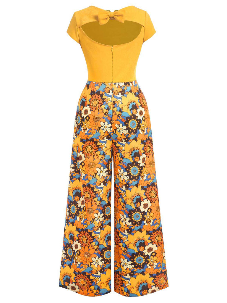 [Pre-Sale] Yellow 1960s Floral Patchwork Back Hollow Jumpsuit