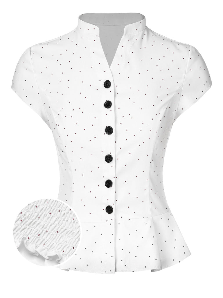 White 1930s Dots Pleated Hem Smocked Blouse