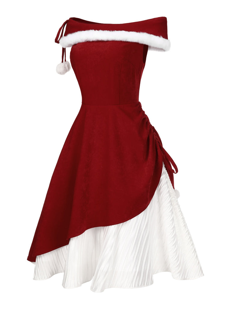 [Pre-Sale] Red 1950s Christmas Plush Off-Shoulder Dress