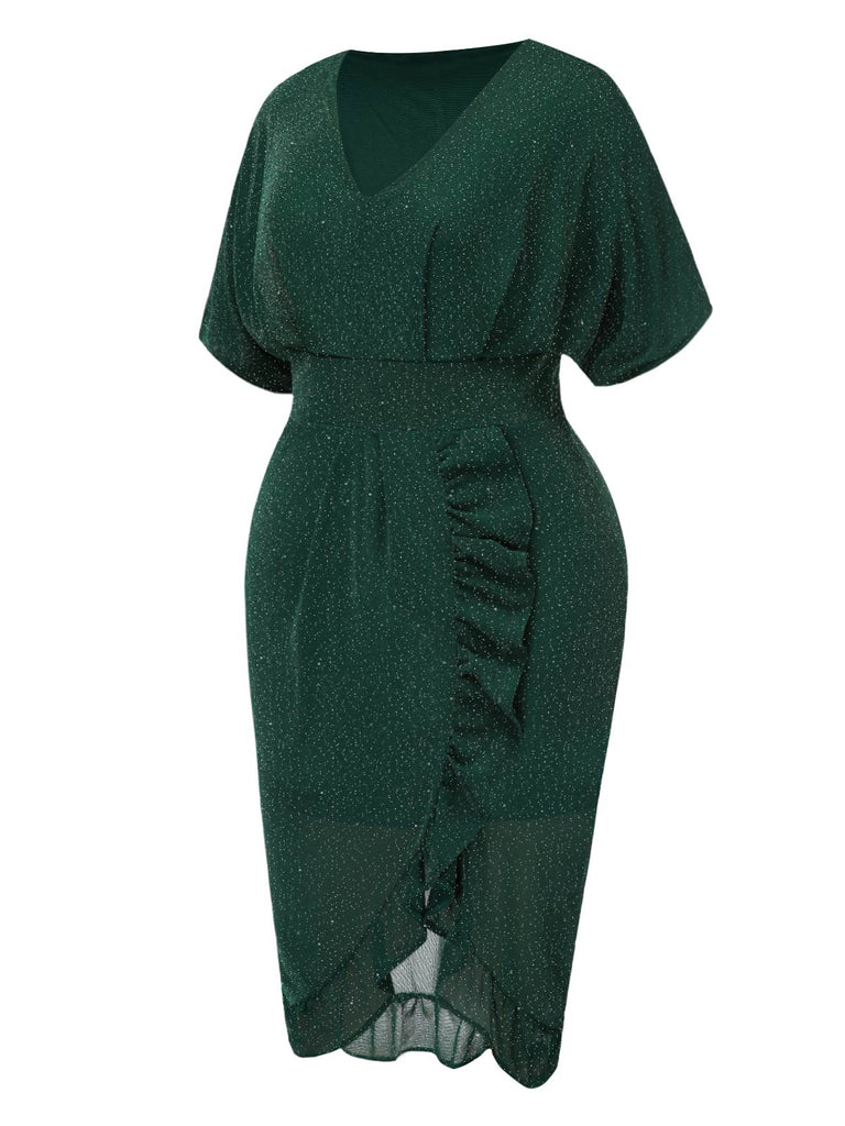 [Pre-Sale] [Plus Size] Dark Green 1940s V-Neck Ruffles Solid Dress