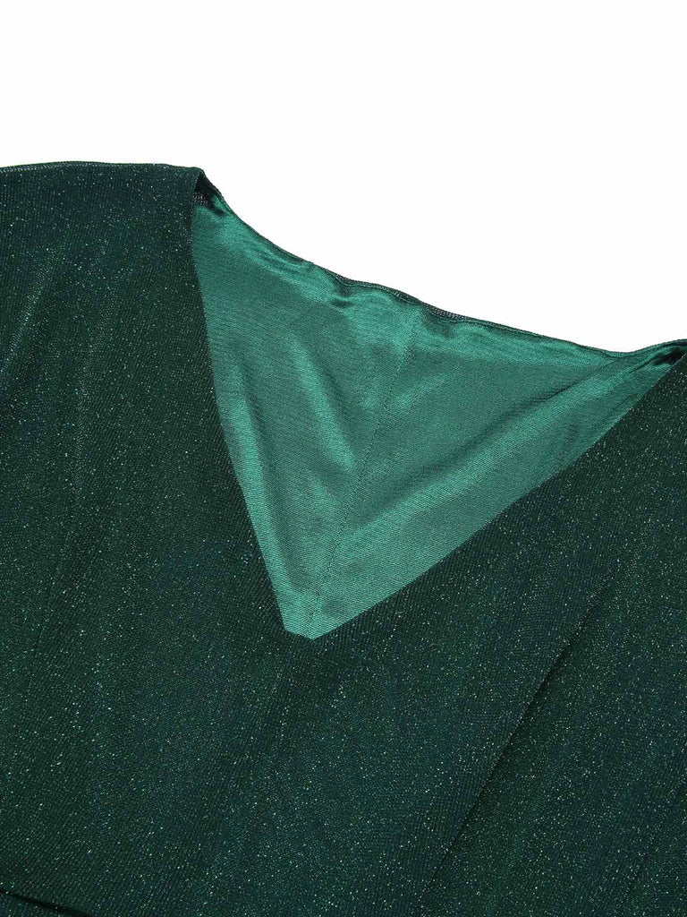 [Pre-Sale] [Plus Size] Dark Green 1940s V-Neck Ruffles Solid Dress