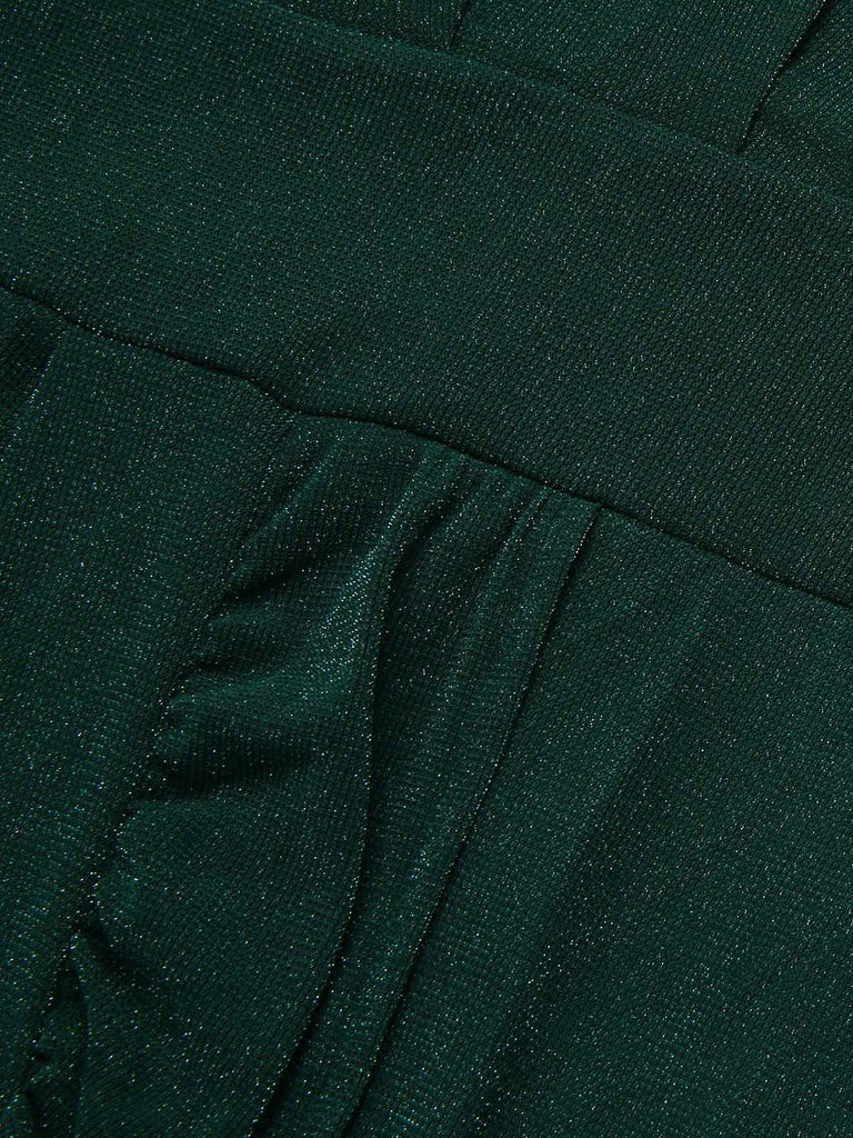 [Pre-Sale] [Plus Size] Dark Green 1940s V-Neck Ruffles Solid Dress