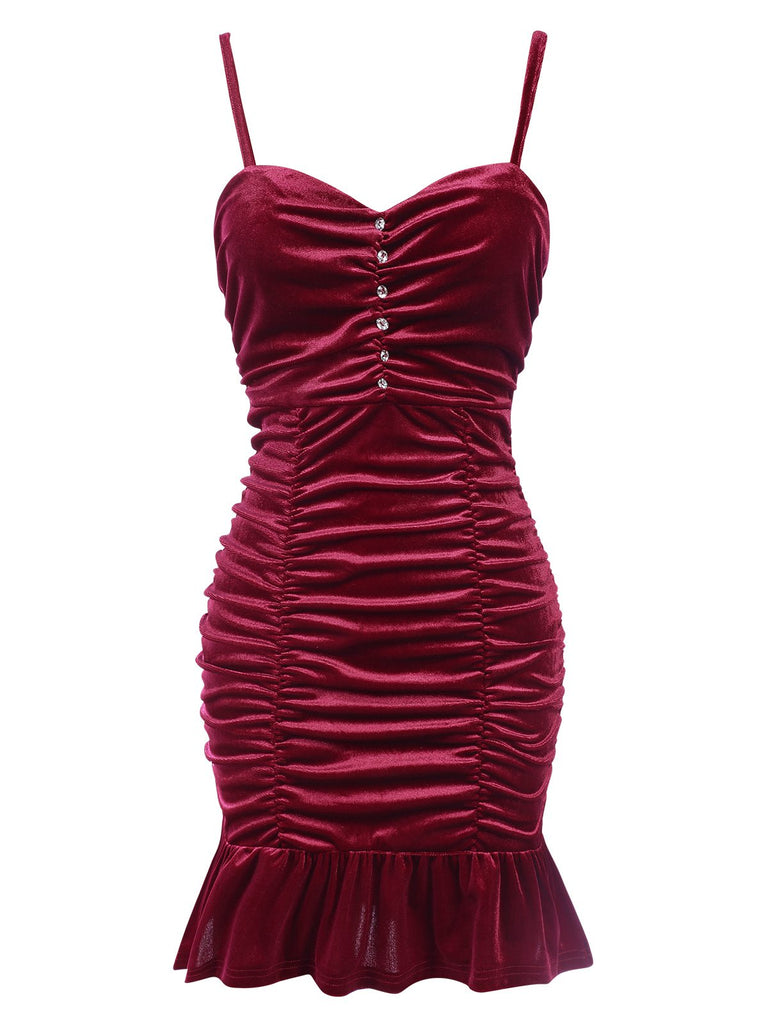 Wine Red 1930s Ruffled Hem Pleated Dress