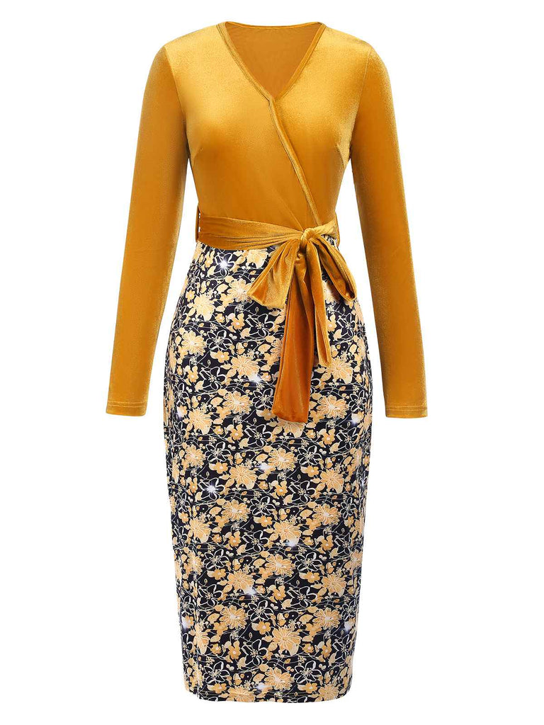 Gold 1960s Floral Patchwork Wrap Belted Dress