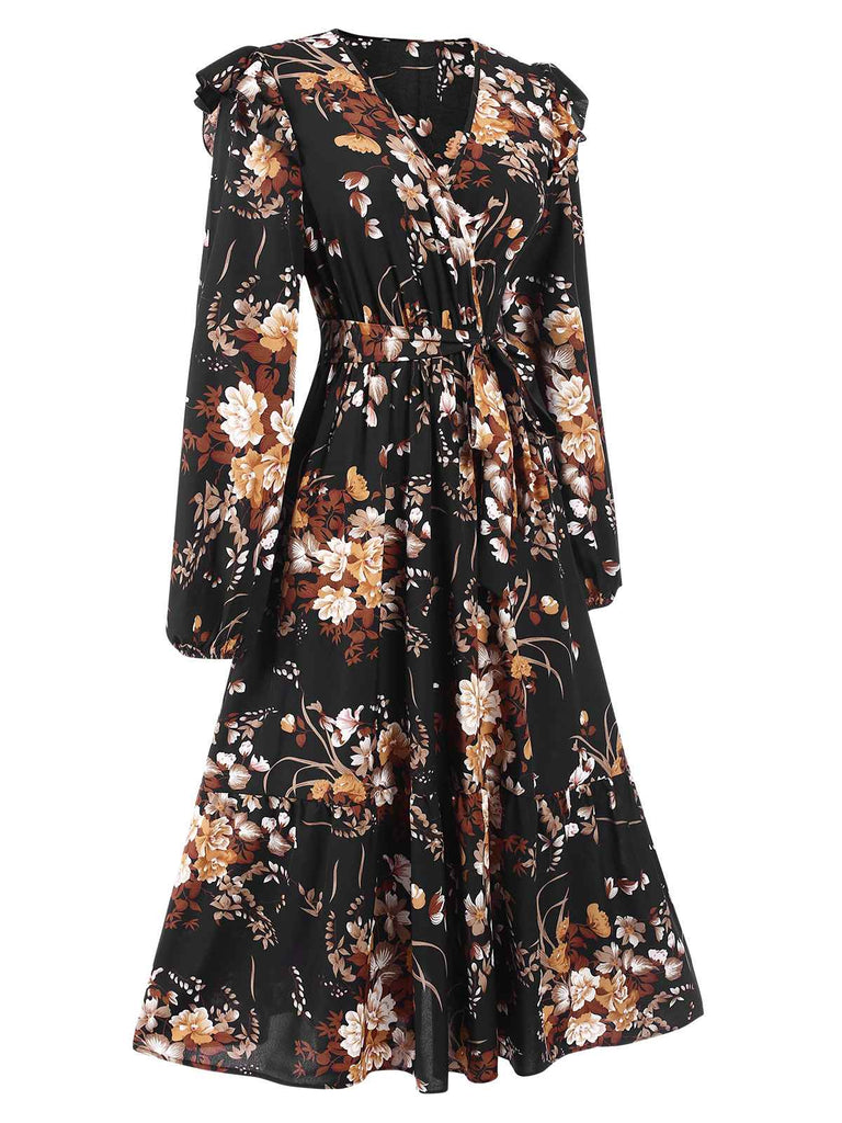 1940s Floral Print V-Neck Wrap Long Sleeve Dress