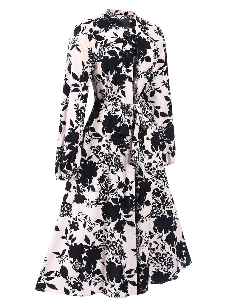 Black 1940s Long Sleeve Floral Vintage Dress