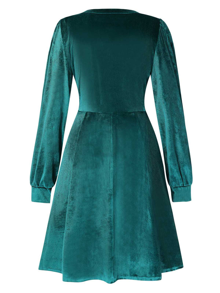 1950s Deep V-Neck Velvet Button Solid Dress