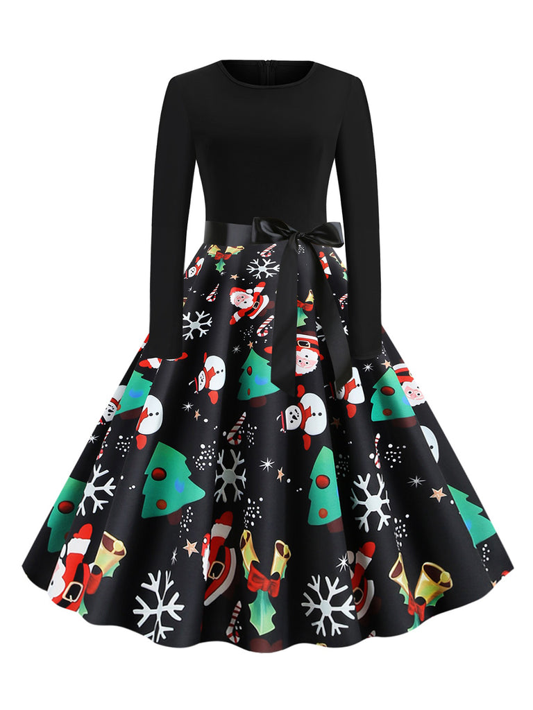 Red 1950s Christmas Print Belted Dress