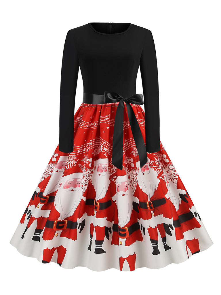 Red 1950s Christmas Print Belted Dress