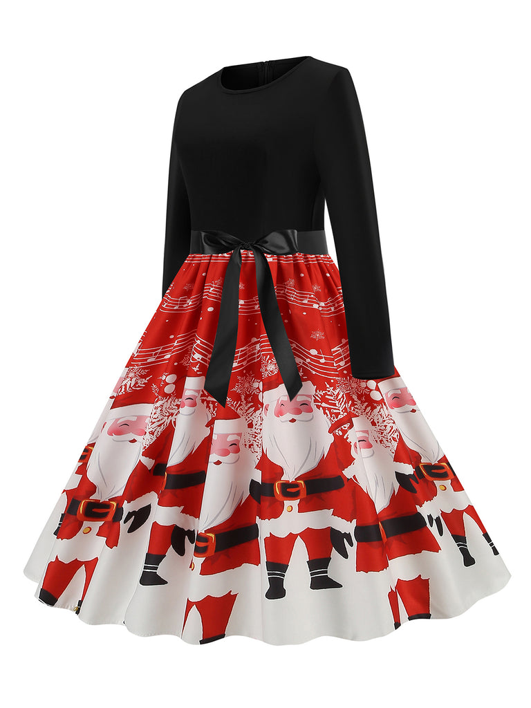 Red 1950s Christmas Print Belted Dress