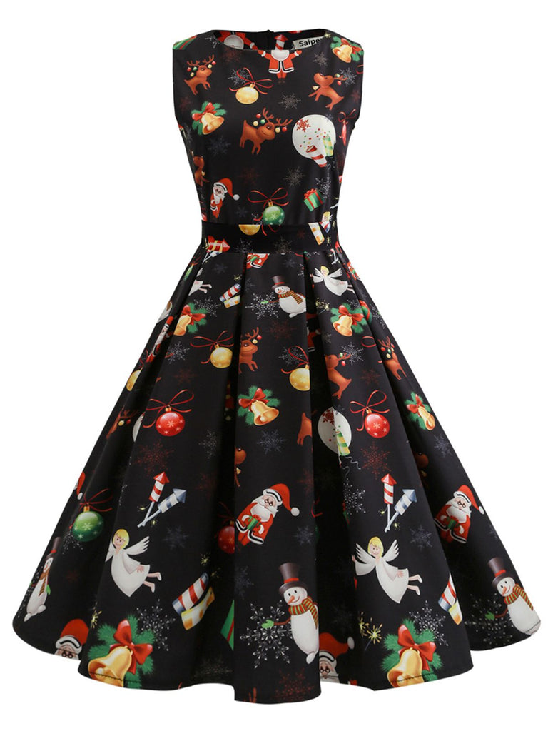 1950s Christmas Crew Neck Collar Patchwork Dress