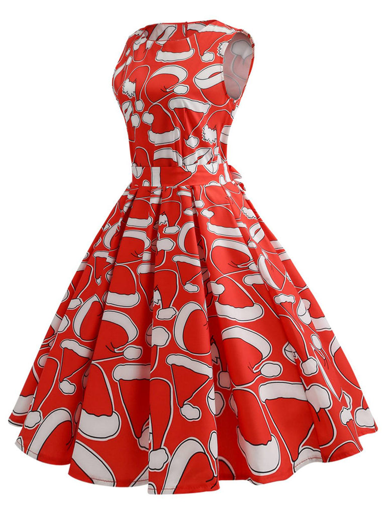 Red 1950s Santa Hat Sleeveless Swing Dress