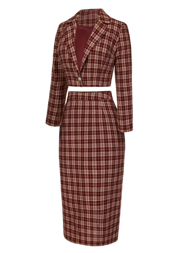 2PCS Red 1960s Plaid Lapel Short Coat & Slit Skirt