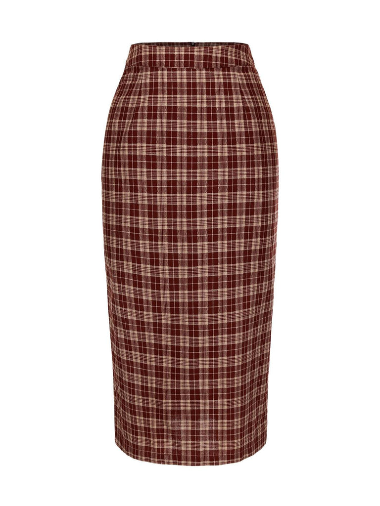 Red 1960s Plaid Back Slit Skirt