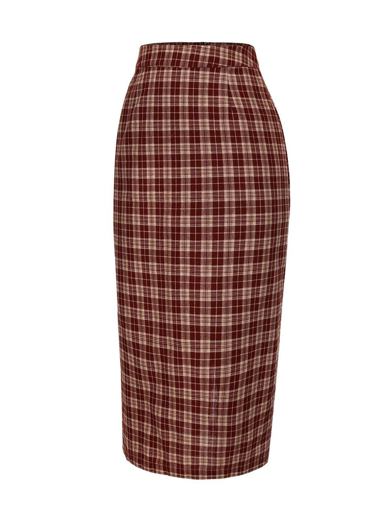 Red 1960s Plaid Back Slit Skirt