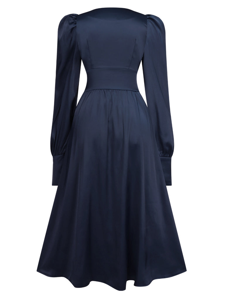 Blue 1940s Bishop Sleeves V-Neck Button Dress