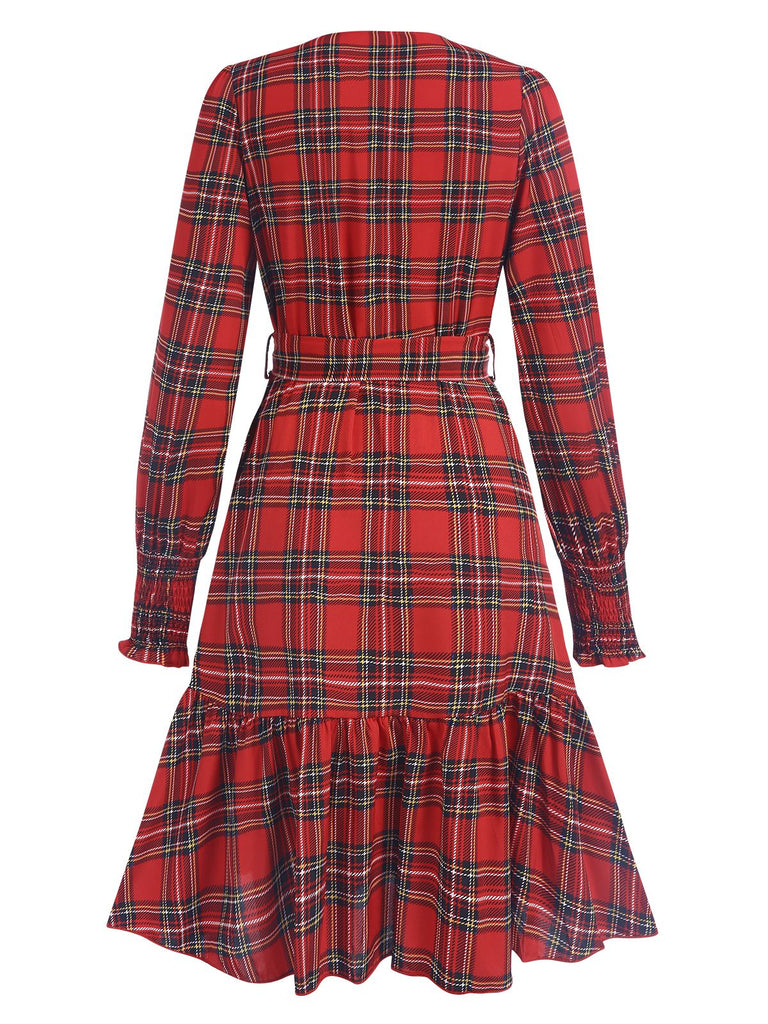 Red 1960s Tartan Plaids Ruffle Hem Belted Dress