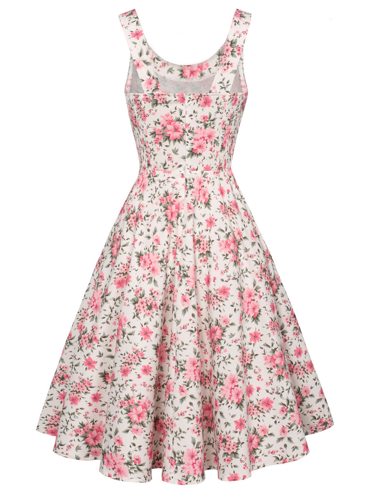 Pink 1950s Ditsy Floral Smocked Dress