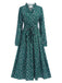 Dark Green 1940s Ruffled Neck Long Sleeve Belted Dress