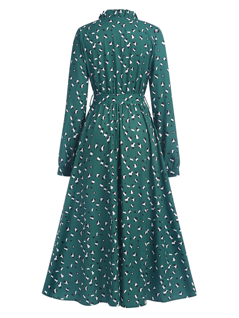 Dark Green 1940s Ruffled Neck Long Sleeve Belted Dress