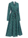 Dark Green 1940s Ruffled Neck Long Sleeve Belted Dress