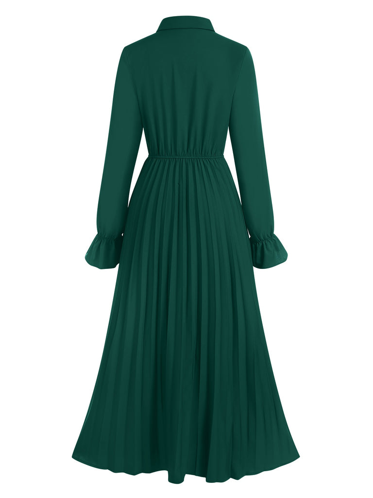 Green 1940s Solid Pleated Shirt Collar Dress