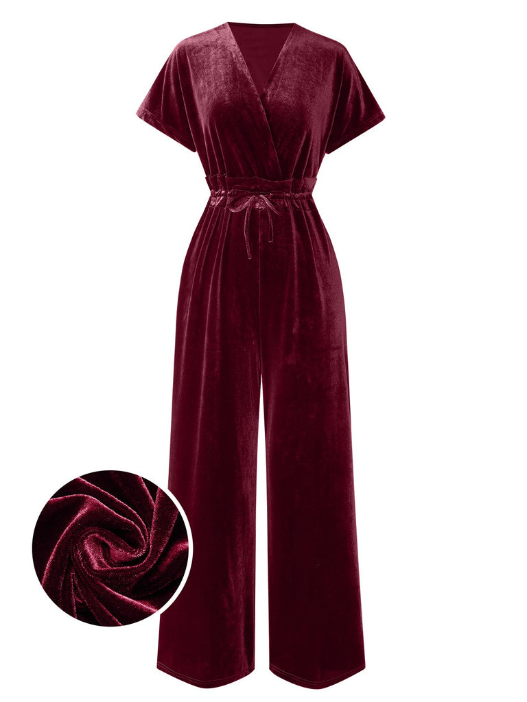 1940s Solid Waist Tie V-Neck Velvet Jumpsuit