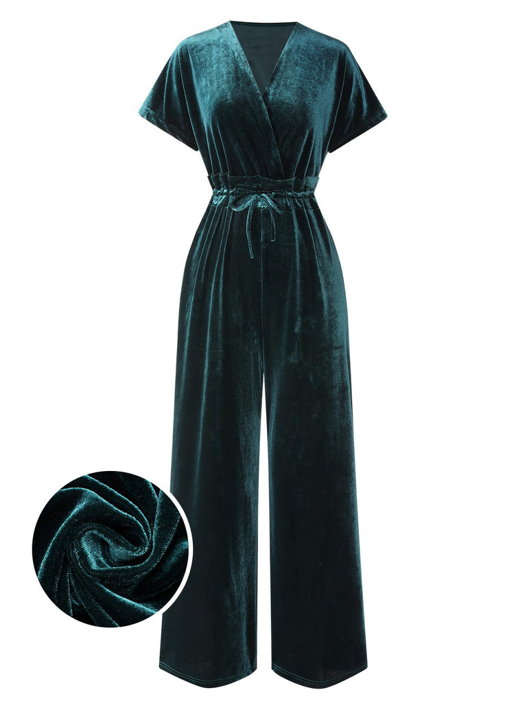 1940s Solid Waist Tie V-Neck Velvet Jumpsuit