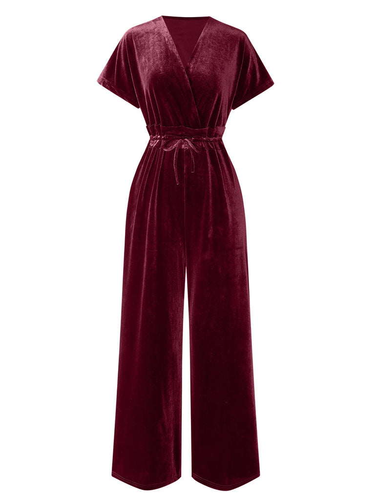 1940s Solid Waist Tie V-Neck Velvet Jumpsuit