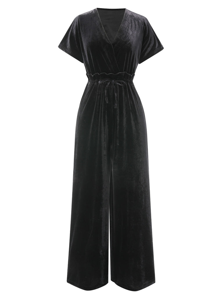 1940s Solid Waist Tie V-Neck Velvet Jumpsuit