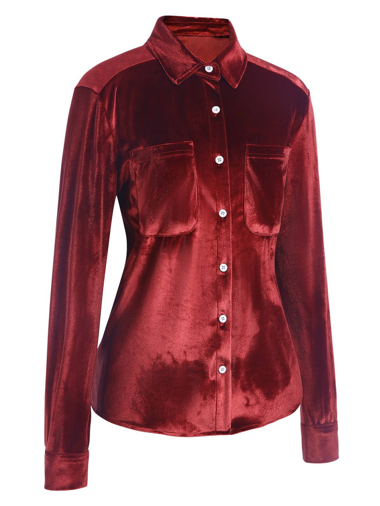 1960s Vintage Solid Pocket Velvet Blouse