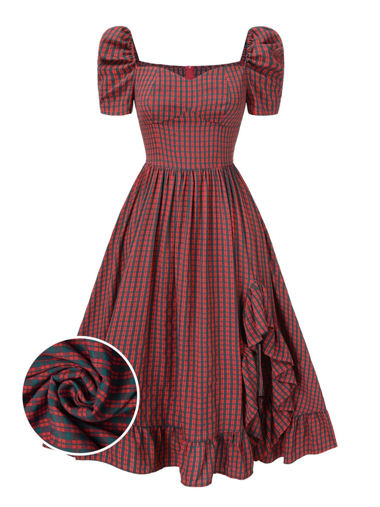 [Pre-Sale] Red 1950s Sweetheart Plaids Puff Sleeve Slit Dress